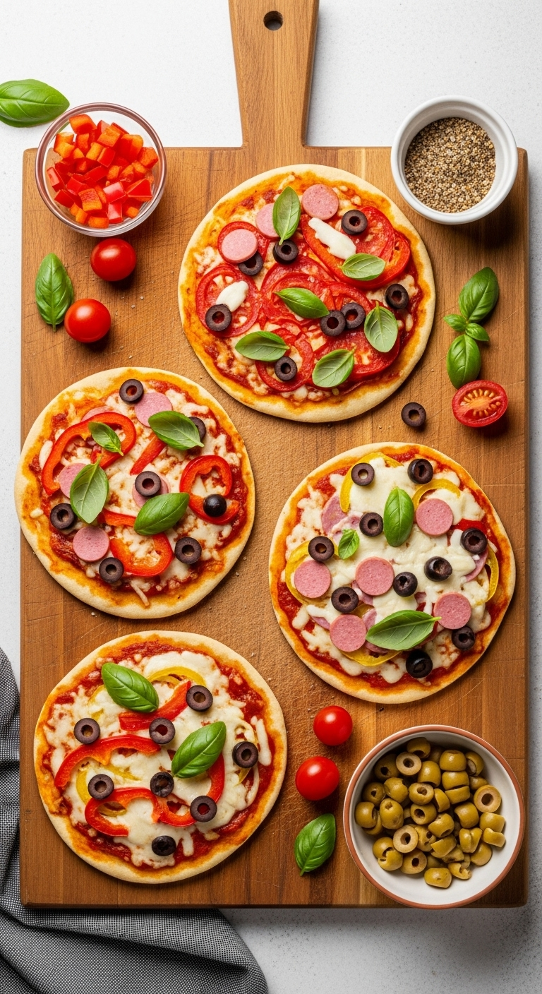 Overhead Shot Of A Wooden Cutting Board With Four Personalized Flatbread Pizzas, Topped With Red Peppers, Green Basil, Black Olives, And Pink Pepperoni, Surrounded By Small Bowls Of Toppings.
