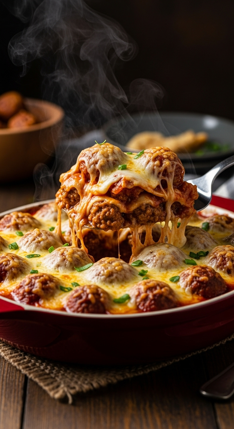 Close-Up Of A Bubbly, Golden-Brown Meatball Casserole With Layers Of Sauce, Meatballs, And Melted Cheese, Being Served With A Spatula, Steam Rising From The Dish.
