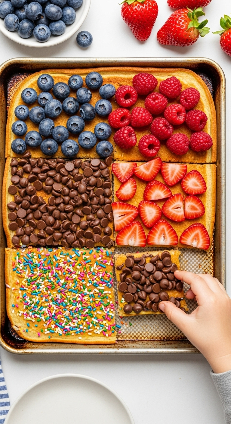 Overhead Shot Of A Sheet Pan Pancake Cut Into Squares, Decorated With Blueberries, Chocolate Chips, Strawberries, And Sprinkles, With A Child's Hand Reaching In To Take A Piece.
