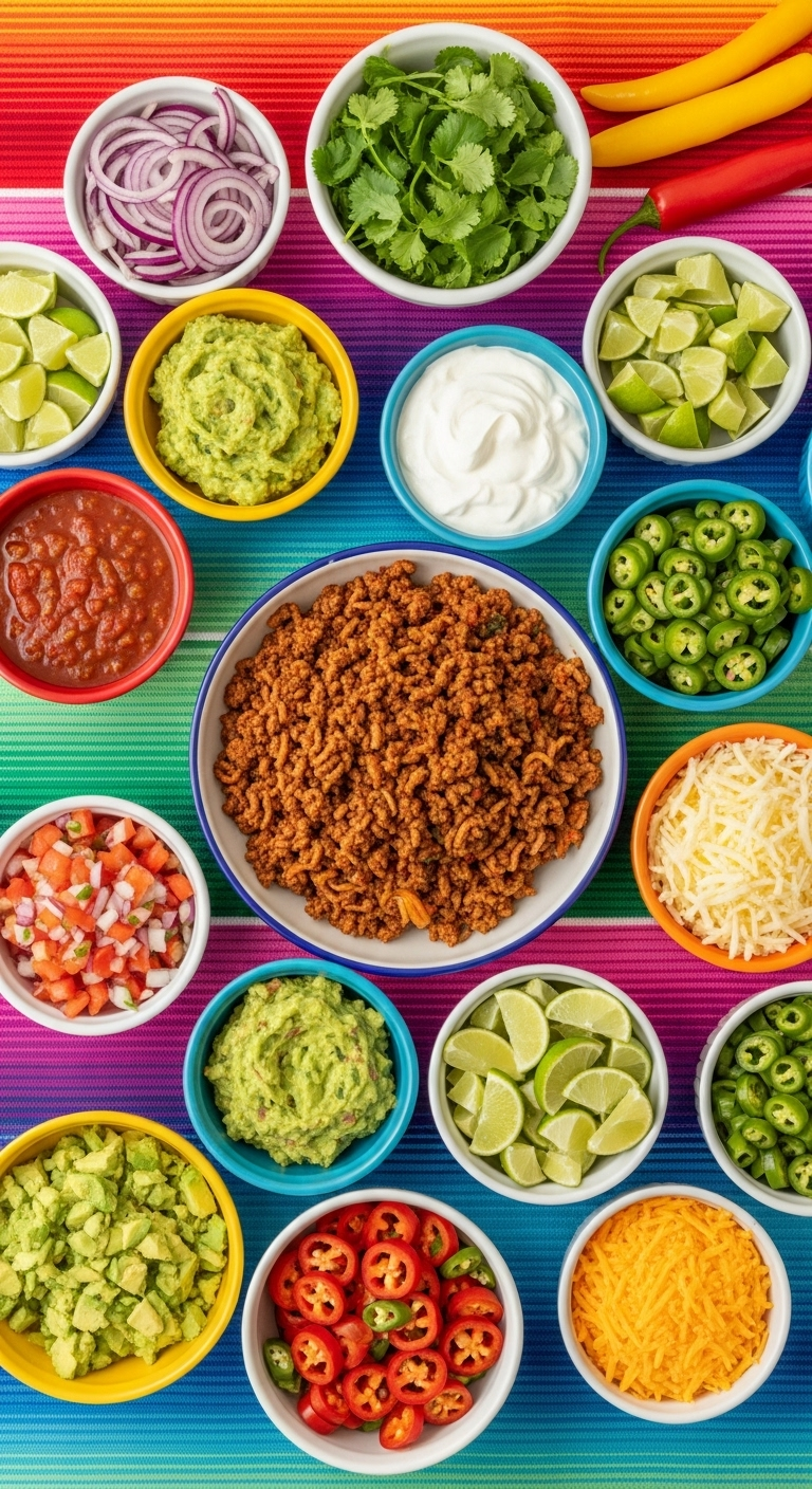 Top-Down View Of A Taco Bar With A Central Bowl Of Seasoned Ground Beef Surrounded By Colorful Bowls Of Salsa, Guacamole, Sour Cream, Cheese, And Fresh Toppings On A Vibrant Tablecloth.