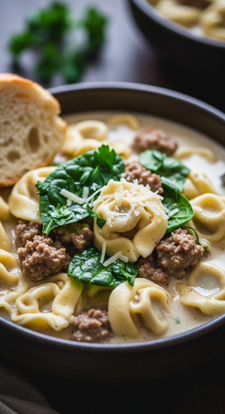 Close-Up Of Creamy Sausage Tortellini Soup In A Rustic Bowl, Garnished With Parsley And Parmesan, With A Side Of Crusty Bread.