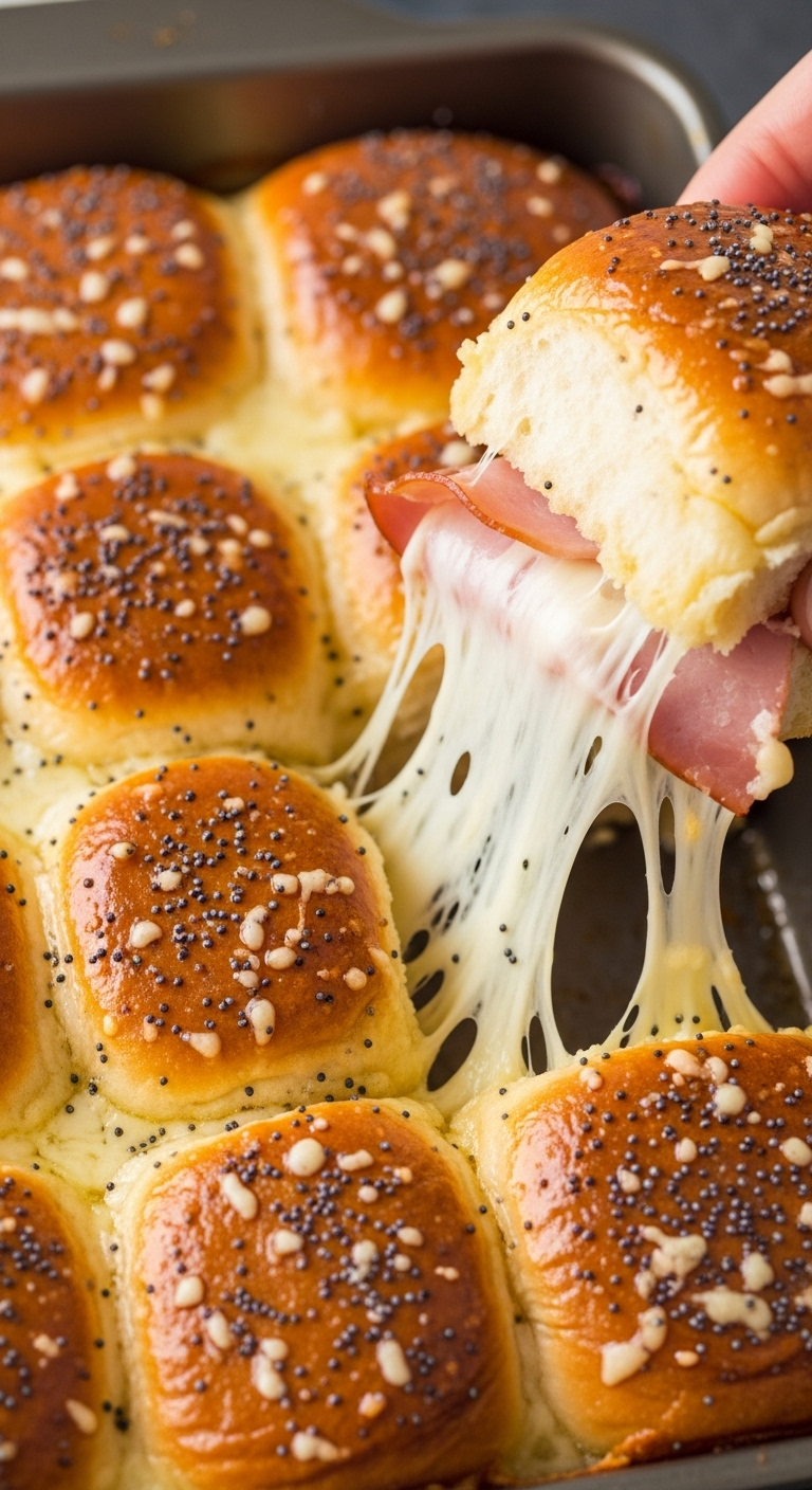 Baked Ham And Cheese Sliders In A Baking Dish, With One Slider Being Pulled Away, Showing A Long, Gooey Cheese-Pull And Glistening Buttery Tops Dotted With Poppy Seeds.