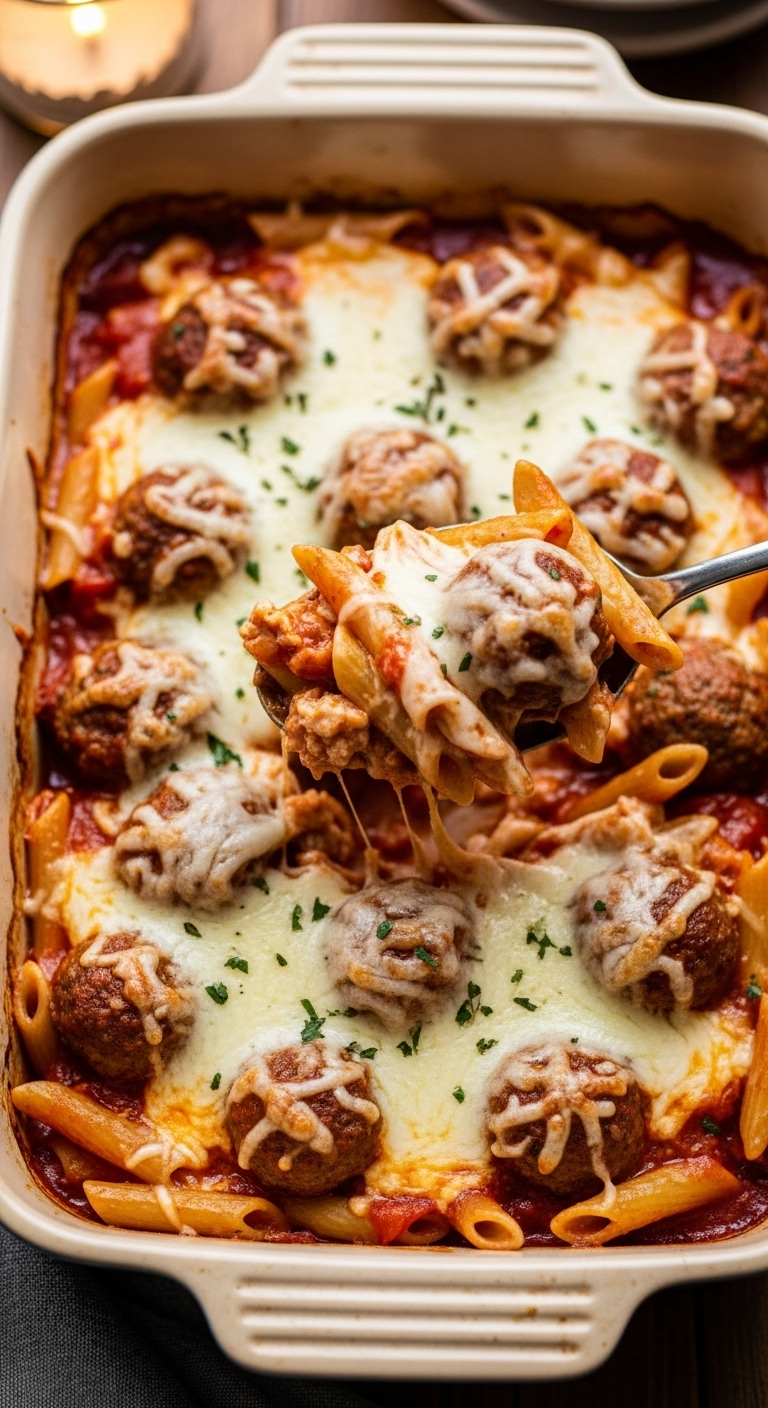 Overhead Shot Of A Rustic Ceramic Baking Dish Filled With Cheesy Dump-And-Bake Tomato Pasta, Revealing Creamy Sauce And Tender Meatballs, With A Serving Spoon Lifted.