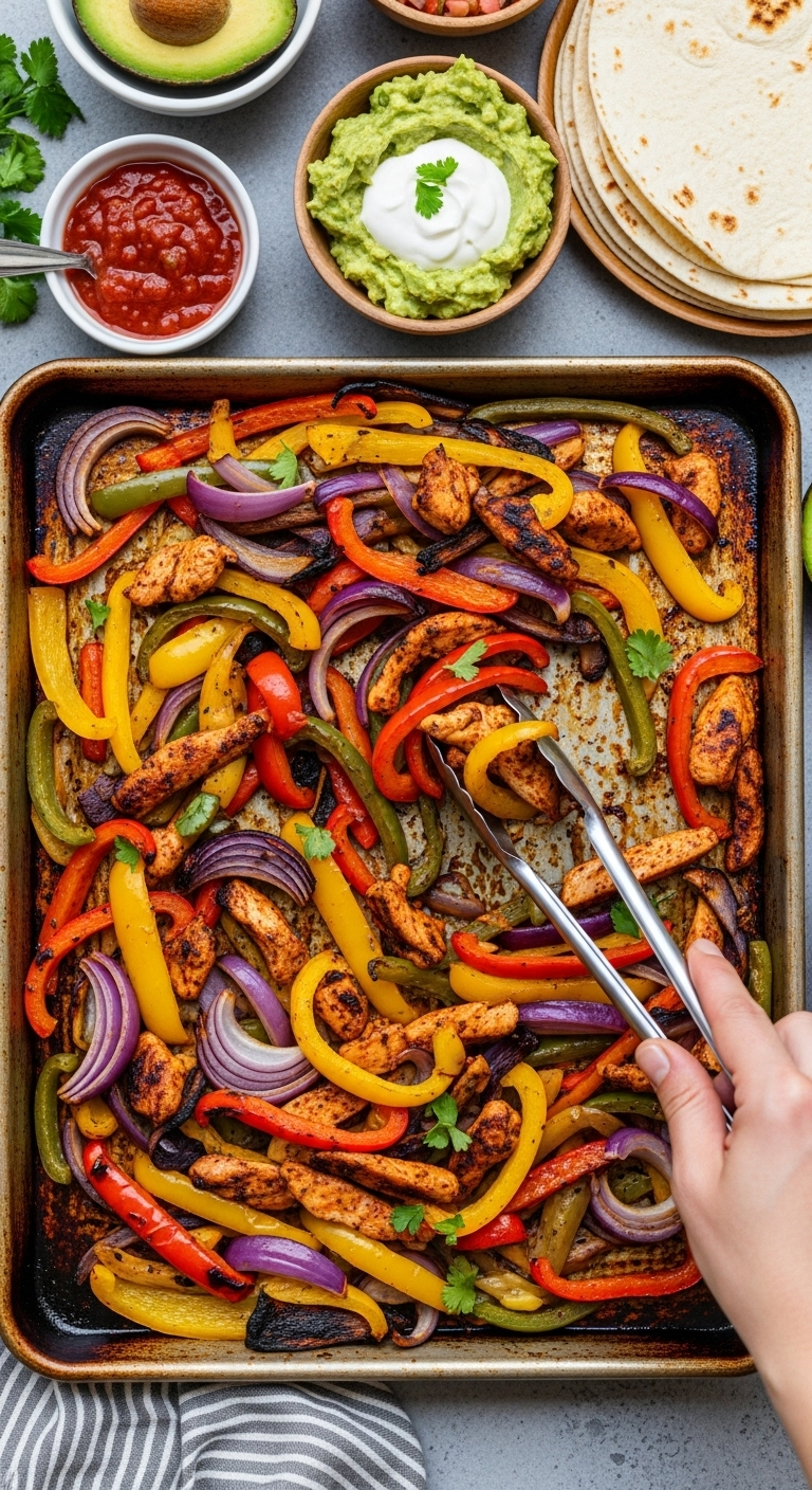 Oven-Roasted Colorful Chicken Fajitas With Bell Peppers And Onions On A Sheet Pan, Served With Guacamole, Salsa, Sour Cream, And Warm Tortillas, Perfect For Vibrant And Healthy Weeknight Meals.