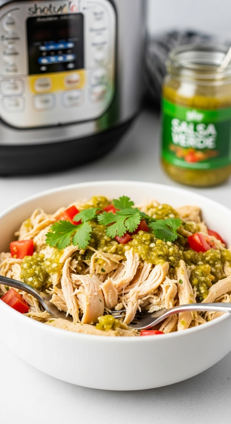 Shredded Salsa Verde Chicken In A White Bowl Garnished With Fresh Cilantro And Tomatoes, With Two Forks Pulling Apart Tender Chicken, Alongside An Instant Pot And Salsa Verde Jar In The Background, Showcasing A Fresh And Healthy Weeknight Meal.