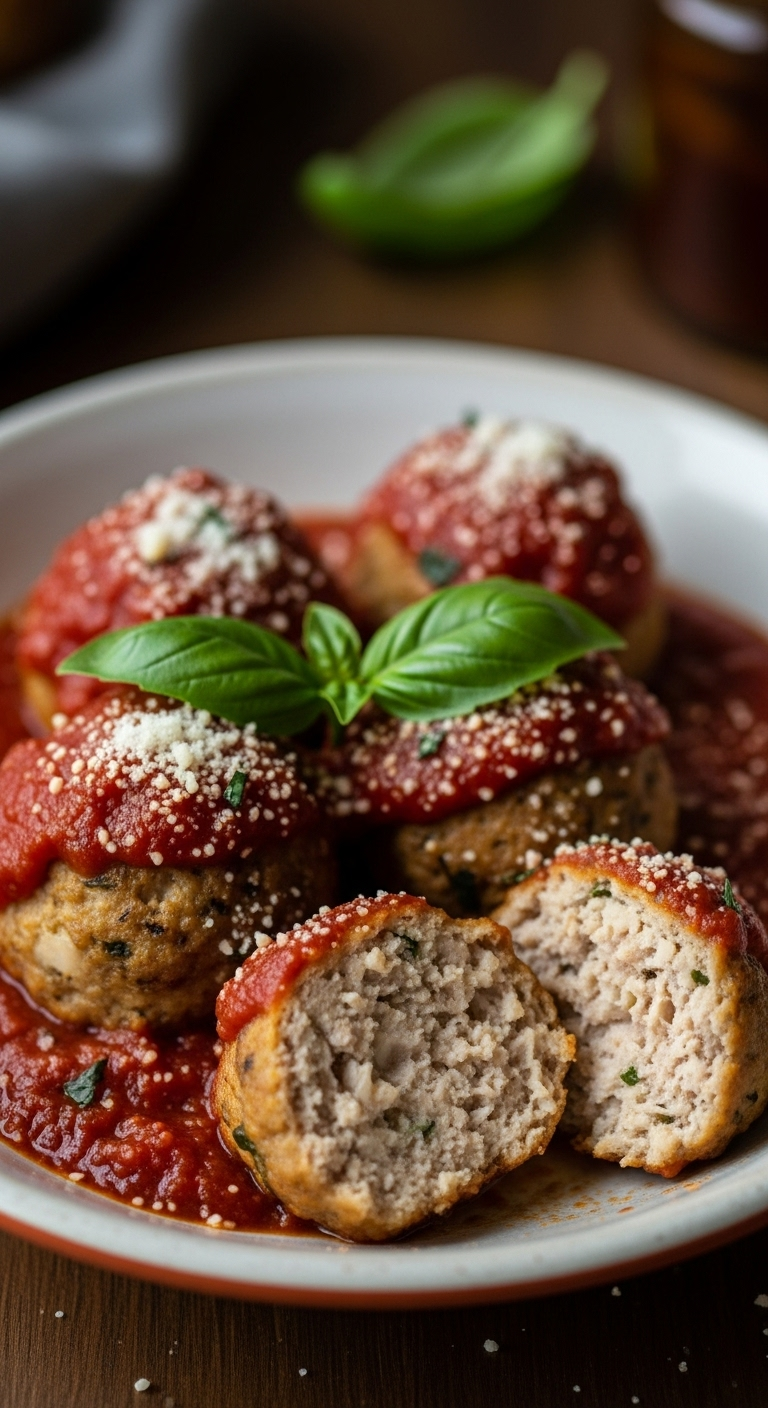 Baked Chicken Meatballs In Marinara Sauce Topped With Parmesan And Basil In A Ceramic Bowl, Showcasing Tender Juicy Interiors, Set On A Rustic Dark Wood Table For A Warm And Comforting Healthy Weeknight Meal.