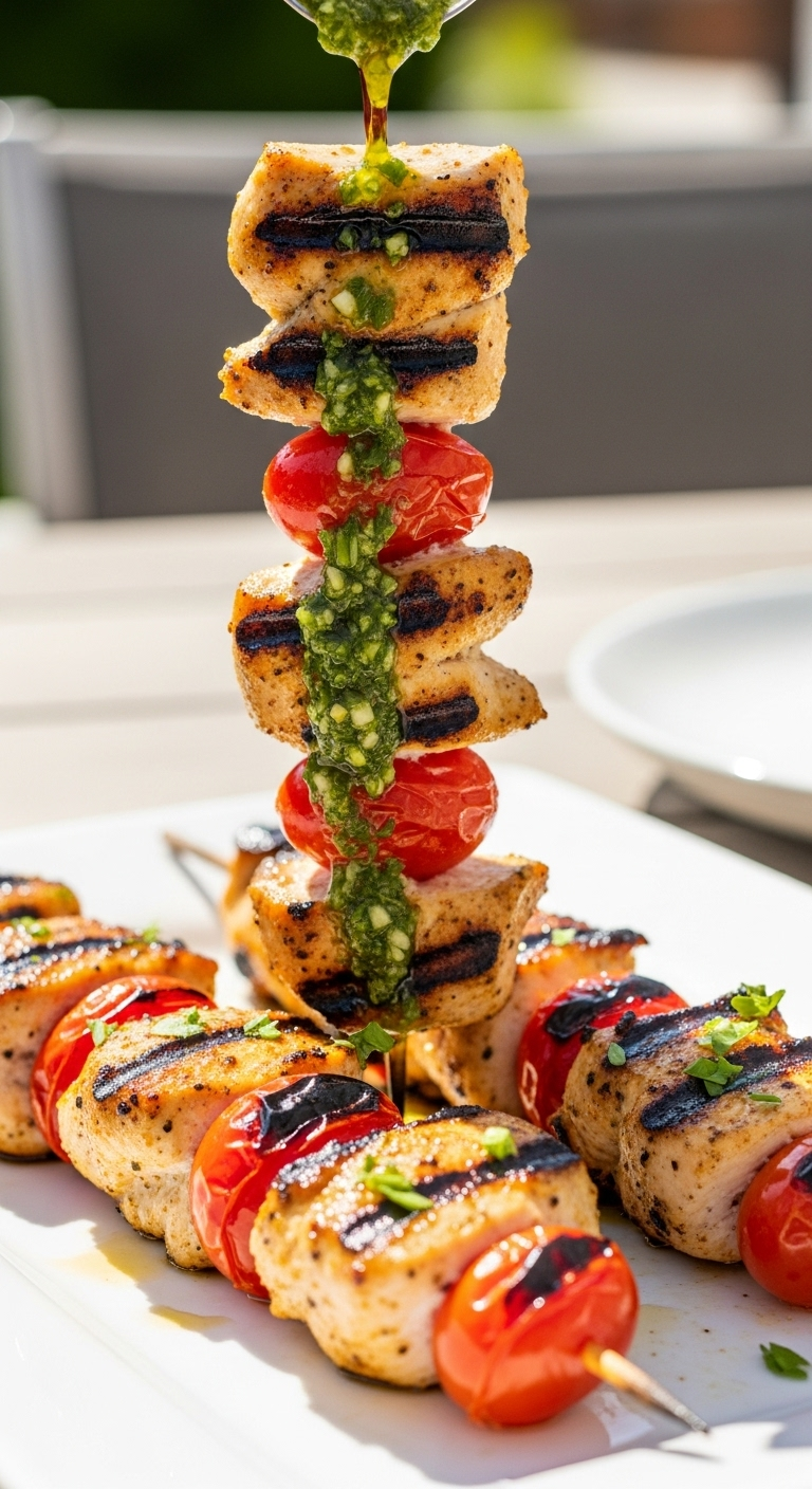 Grilled Chicken And Cherry Tomato Kebabs On A White Platter With Chimichurri Sauce Drizzle, Showing Grill Marks And Vibrant Colors In A Bright Outdoor Setting, Perfect For Healthy And Flavorful Weeknight Dinners.
