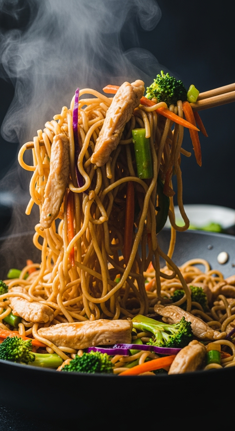 Chicken Lo Mein With Glossy Sauce, Noodles, Shredded Carrots, Broccoli, And Chicken Pieces Lifted By Chopsticks From A Steaming Wok Against A Dark Background, Showcasing A Vibrant And Appetizing Healthy Weeknight Meal.