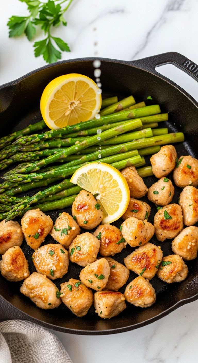 Garlic Butter Chicken And Asparagus In A Cast-Iron Skillet With Lemon Drizzle On White Marble Countertop, Perfect For Healthy Weeknight Dinners.