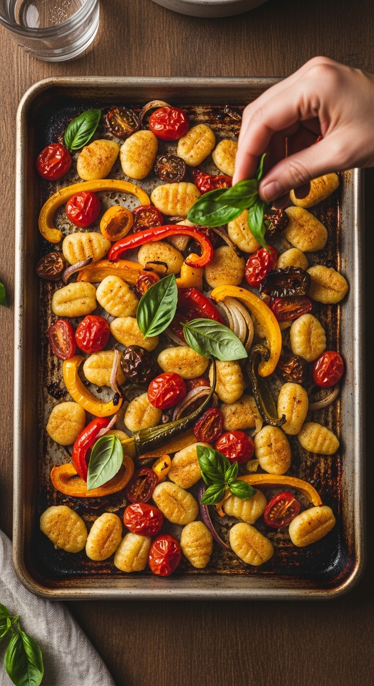 An Overhead Shot Of A Metal Baking Sheet With Crispy Roasted Gnocchi, Burst Cherry Tomatoes, Caramelized Peppers And Onions, Topped With Fresh Basil, Capturing Earthy Tones And Warm Golden-Hour Lighting For A Rustic, Healthy Meal.