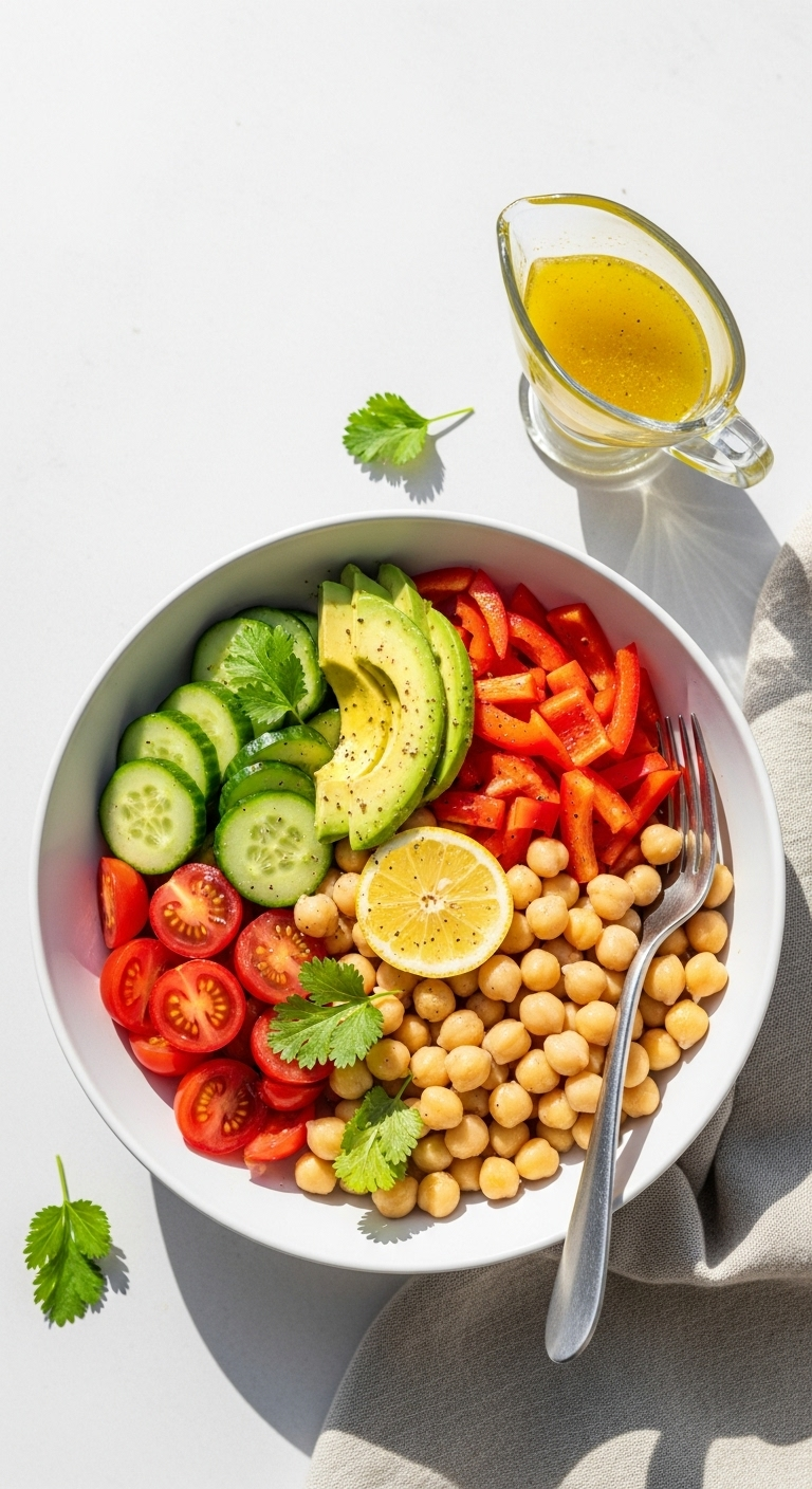 A Top-Down View Of A Mediterranean Chickpea Salad In A Ceramic Bowl With Vibrant Cucumber, Avocado, Tomatoes, Peppers, And Chickpeas, Accompanied By A Small Glass Cruet Of Lemon Vinaigrette And A Fork On A Linen Napkin, Showcasing Fresh, Healthy Ingredients.
