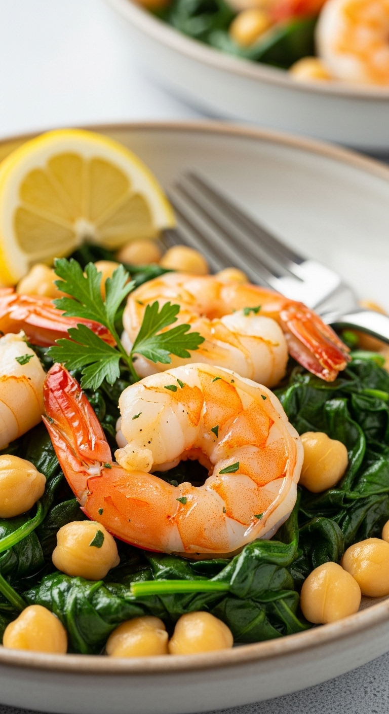 A Close-Up Shot Of Lemon Garlic Shrimp With Chickpeas And Wilted Spinach In A Rustic Bowl, Garnished With A Lemon Wedge And Parsley, Showcasing Glossy Shrimp And Vibrant, Fresh Ingredients.