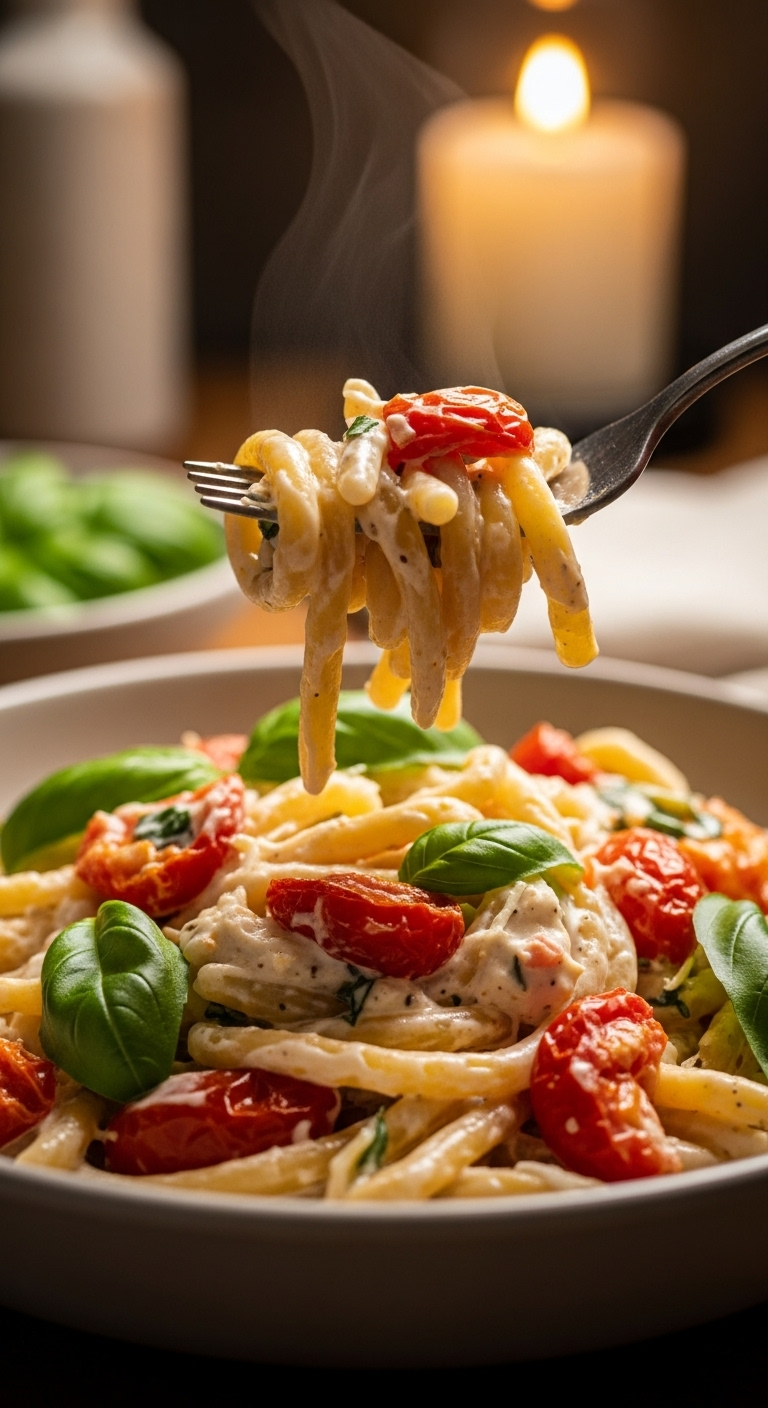 A Fork Twirling A Bite Of Creamy Pasta With Blistered Tomatoes And Fresh Basil From A Deep Pasta Bowl, Highlighting The Rich Textures And Warm, Cozy Kitchen Ambiance.