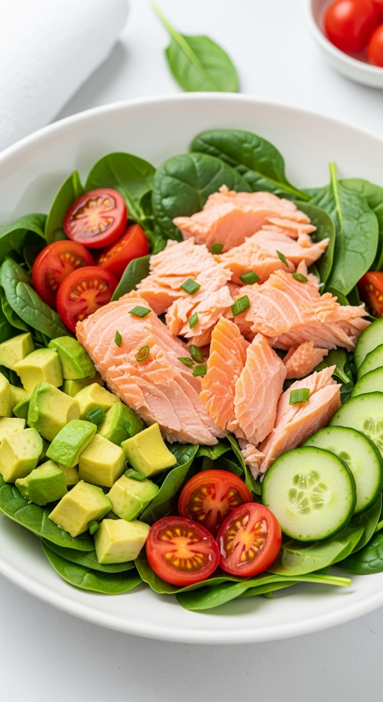 A Fresh, Vibrant Salad With Pink Salmon, Spinach, Avocado, Cherry Tomatoes, And Cucumber Slices Arranged In A Shallow White Bowl, Showcasing A Clean And Healthy Meal.