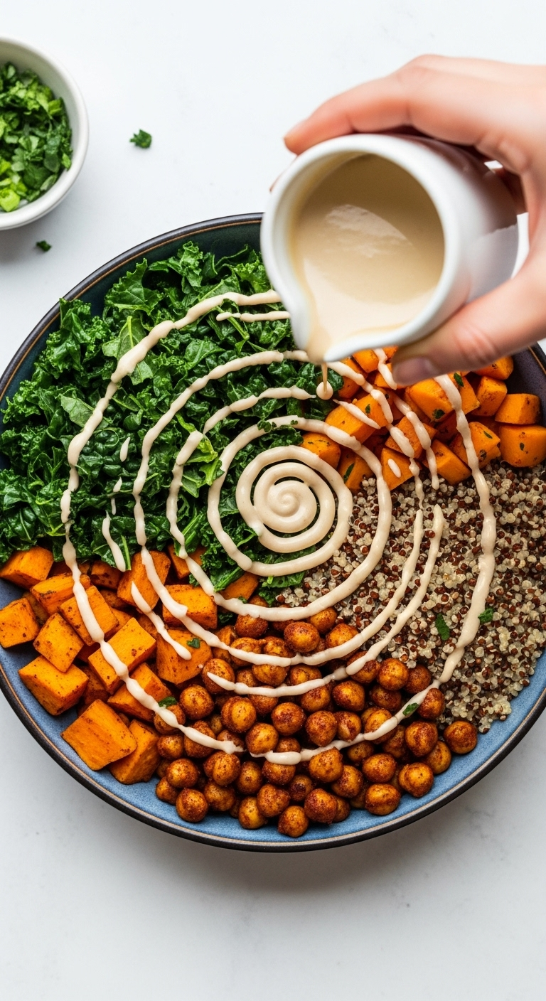 An Overhead Shot Of A Buddha Bowl With Sections Of Kale, Sweet Potato, Quinoa, And Spiced Chickpeas, Topped With A Swirling Drizzle Of Creamy Tahini Dressing For A Trendy, Healthy Meal.