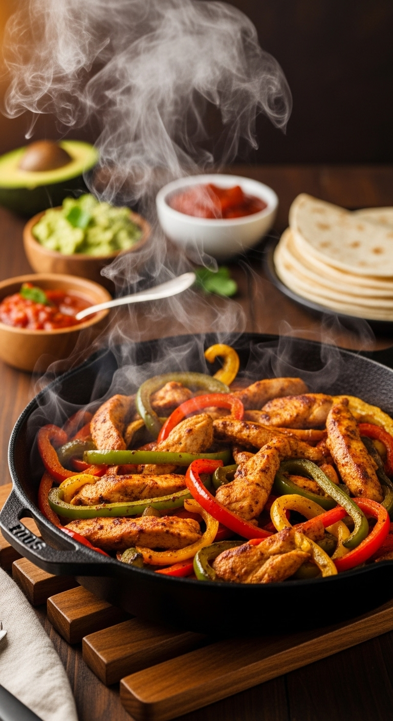 A Sizzling Black Cast-Iron Skillet Filled With Vibrant Chicken Fajitas, Surrounded By Colorful Peppers And Steam Rising, With Bowls Of Guacamole, Salsa, And Warm Tortillas In The Background For A Festive, Healthy Meal.