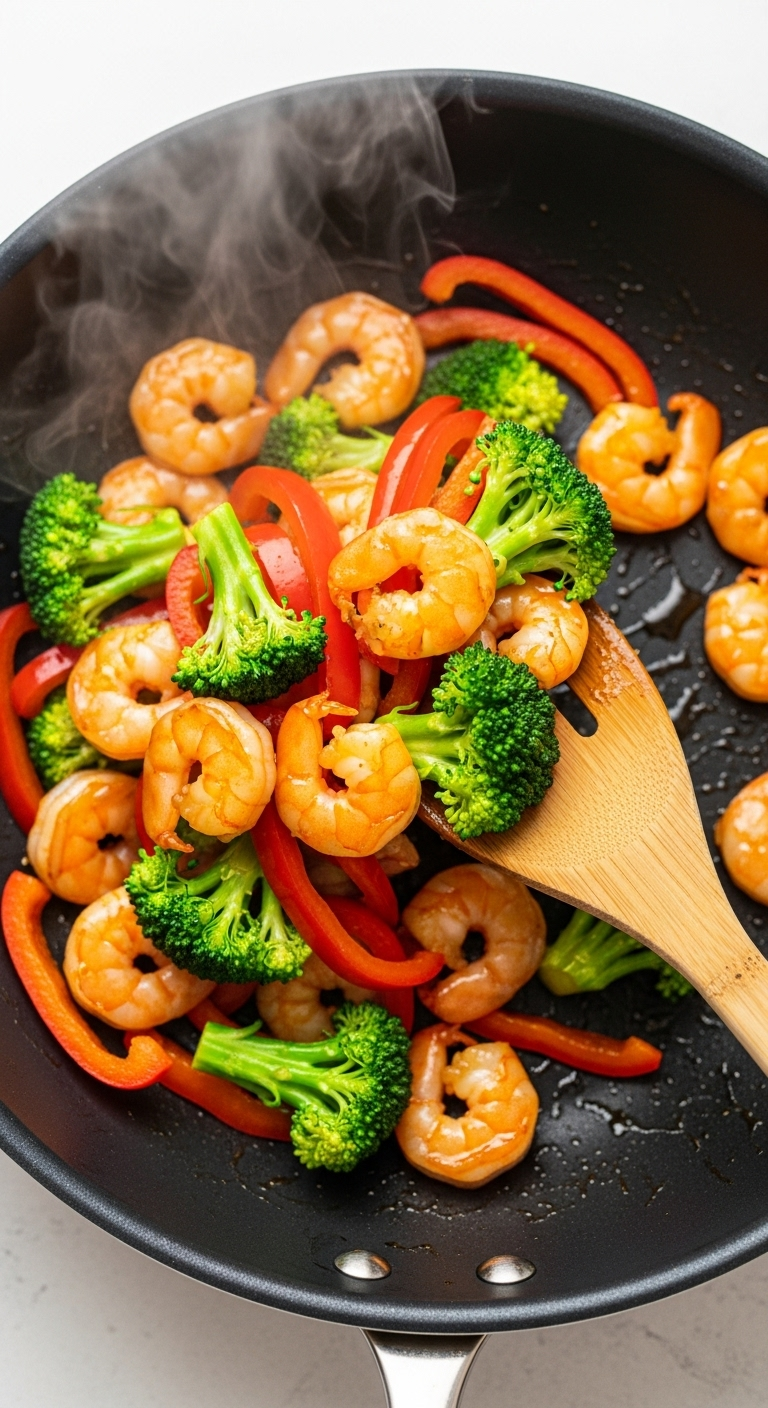 A Dynamic Action Shot Of Honey Garlic Shrimp Stir Fry Being Tossed In A Black Wok With A Wooden Spatula, Featuring Glossy Shrimp, Vibrant Broccoli, And Red Bell Peppers, With Steam Rising For A Fresh, Healthy Meal.