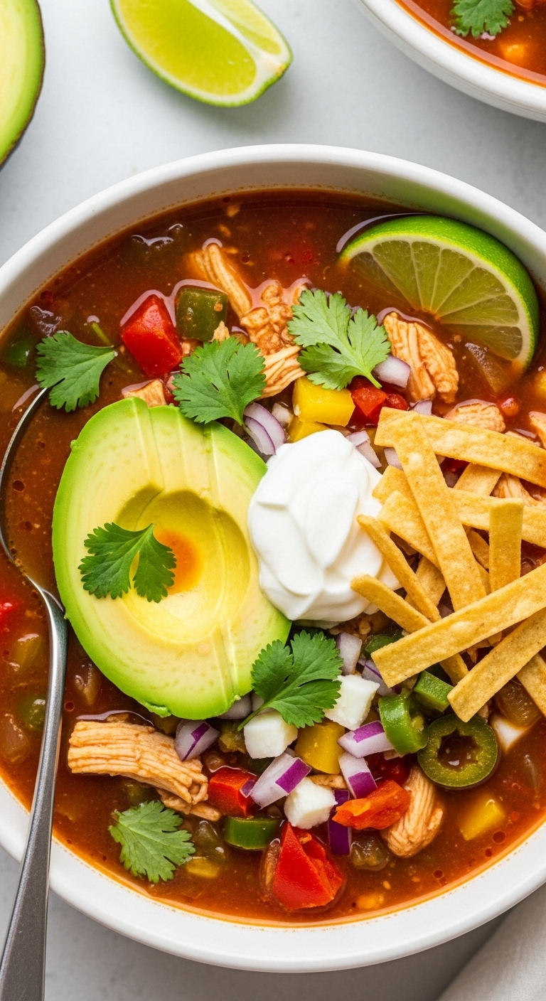Overhead Shot Of Vibrant Slow Cooker Chicken Tortilla Soup Topped With Sliced Avocado, Sour Cream, Cilantro, Crispy Tortilla Strips, And A Lime Wedge In Bright, Natural Light.