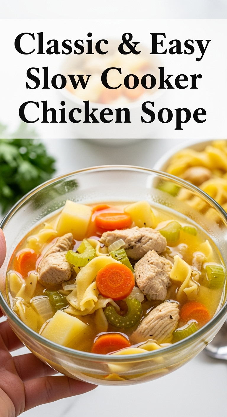 Classic Slow Cooker Chicken Soup With Chicken Chunks, Carrots, Celery, Potatoes, And Egg Noodles In A Clear Glass Bowl Held By A Hand, Bathed In Soft, Warm Light Evoking Comfort And Care.