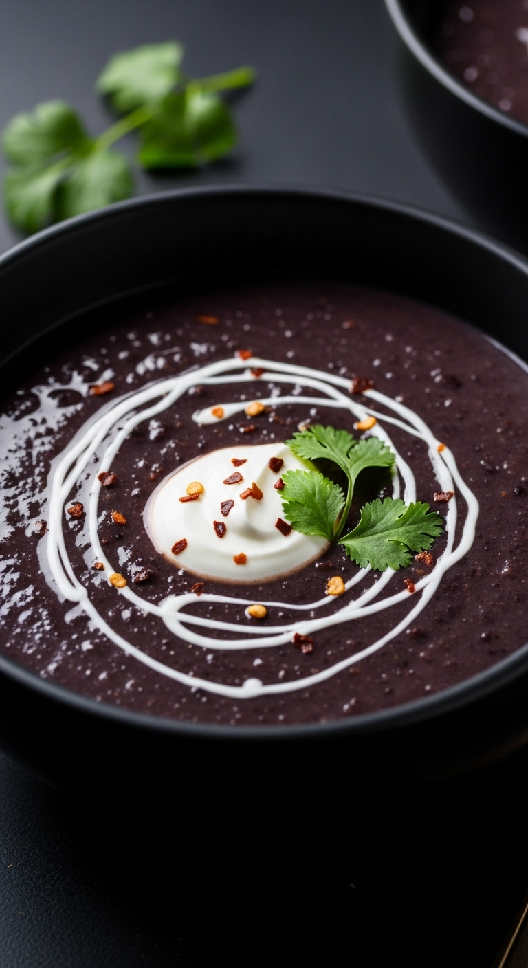 Thick Black Bean Soup In A Dark Stoneware Bowl With A White Crema Swirl, Fresh Cilantro, And Red Pepper Flakes, Highlighted By Dramatic Moody Lighting.