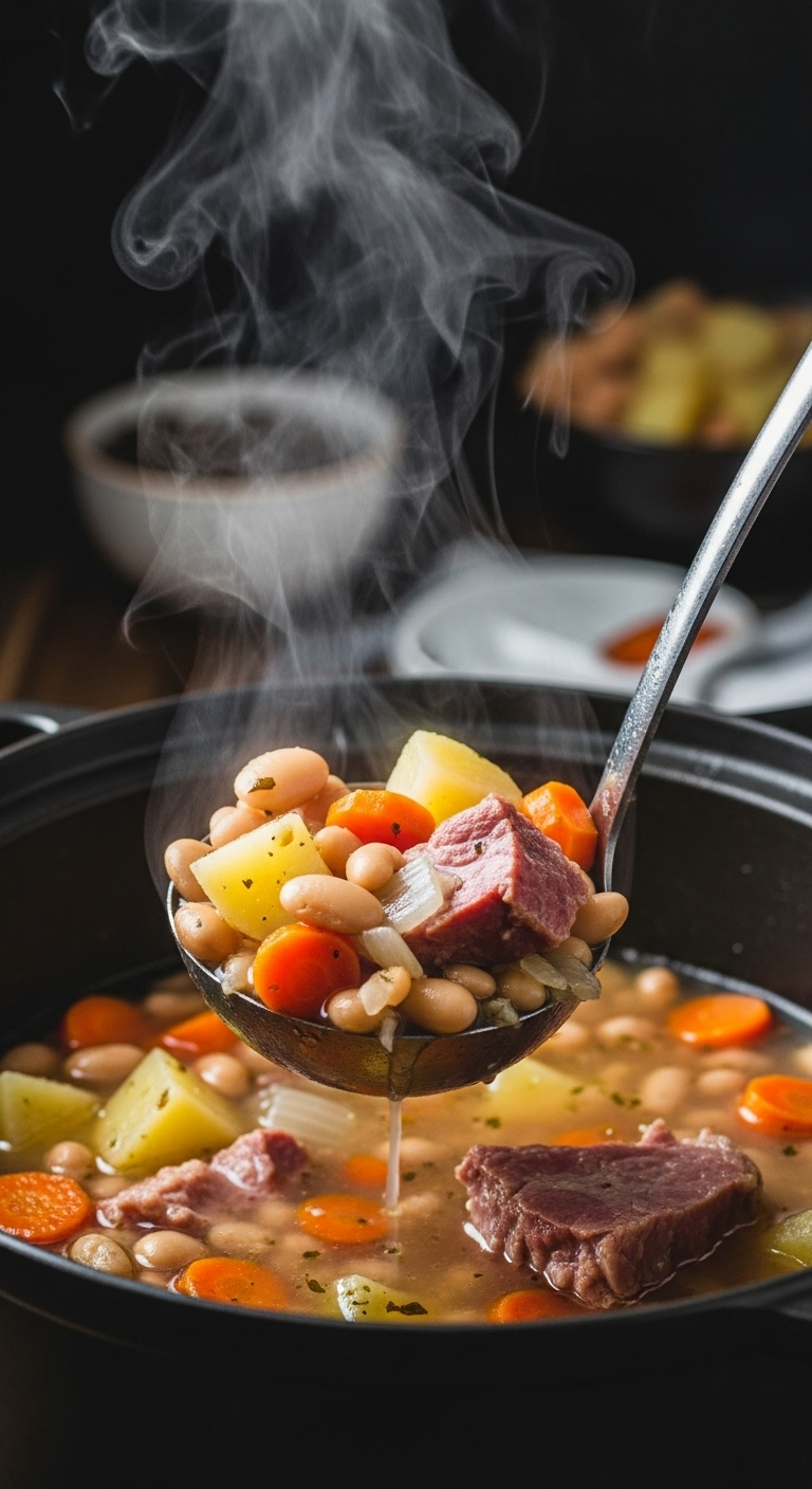 Steaming Ladle Of Ham Bone Soup With Potatoes, Carrots, And White Beans Scooped From A Dark Cast-Iron Dutch Oven, Bathed In Warm, Rustic Fireside Lighting.
