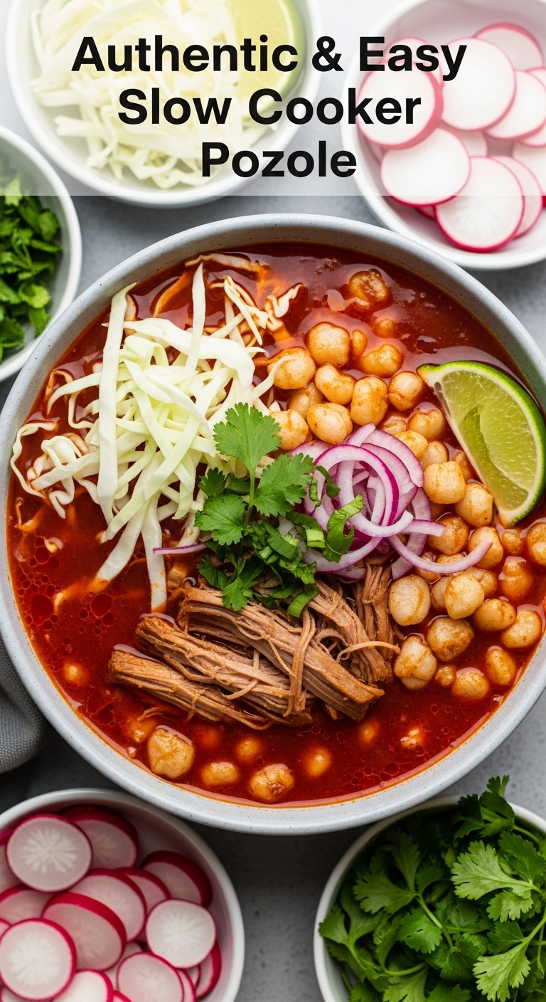 Bright, Festive Bowl Of Red Slow Cooker Pozole With Hominy And Shredded Pork, Surrounded By Fresh Garnishes Like Cabbage, Radishes, Cilantro, And Lime Wedge In Vibrant Natural Light.