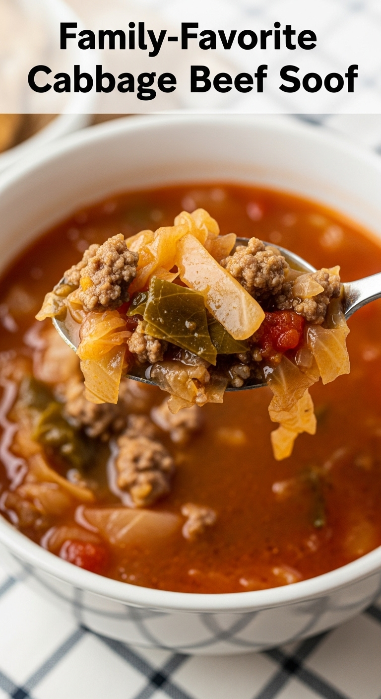 Spoonful Of Homestyle Cabbage Beef Soup With Ground Beef, Tender Cabbage, And Tomato Broth Lifted From A Bowl On A Checkered Tablecloth In Warm, Cozy Lighting.