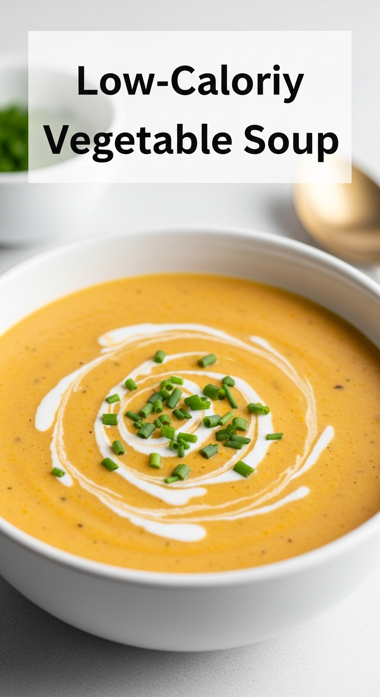 Creamy Low-Calorie Vegetable Soup In A Modern White Bowl With A Coconut Milk Swirl And Fresh Chives, Captured In Bright, Natural Light With Soft, Airy Tones Of Orange And Golden Yellow.