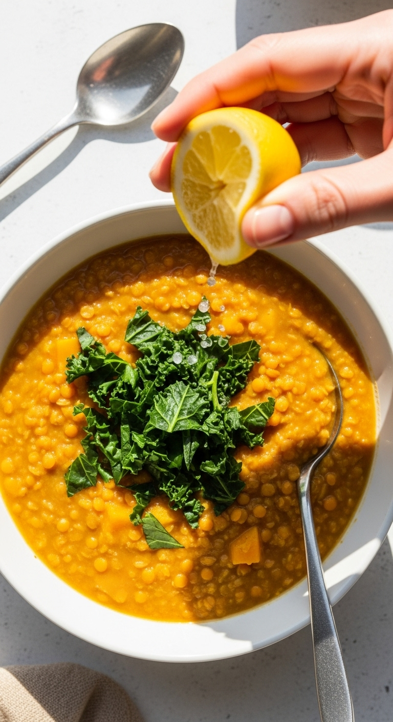 Top-Down View Of Vibrant Golden-Orange Detox Lentil Soup In A White Bowl Garnished With Kale Or Parsley, With A Hand Squeezing Lemon Over It, Captured In Bright, Natural Sunlight.