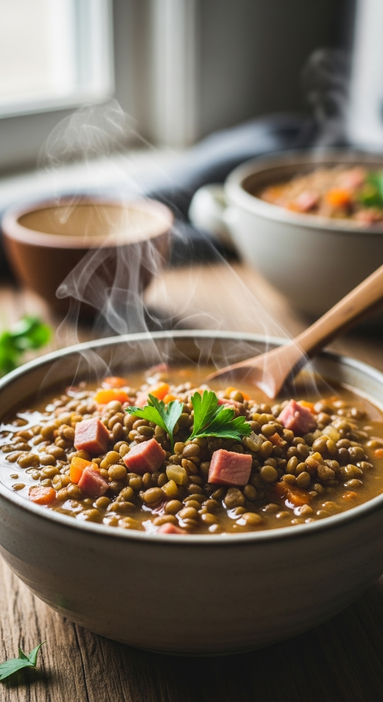 Hearty Slow Cooker Lentil And Ham Soup In A Rustic Ceramic Bowl Garnished With Parsley, Steaming Warmly With A Wooden Spoon On A Cozy Wooden Table By A Window.