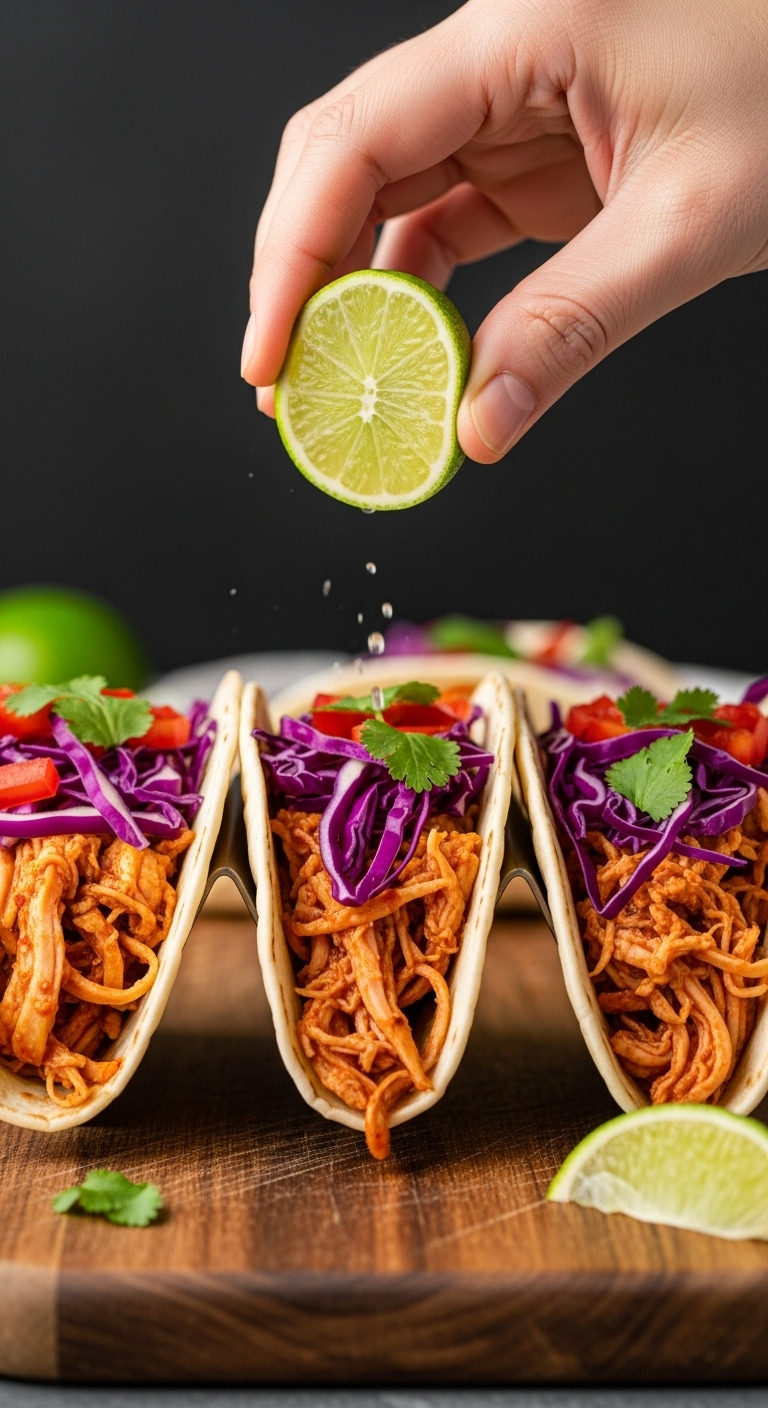 An Action Shot Of Healthy Sriracha Shredded Chicken Tacos With Colorful Cabbage, Lime, And Toppings, Held Upright In A Taco Stand With A Hand Squeezing Lime, Set Against A Rustic Wooden Board For A Vibrant, Quick Meal.