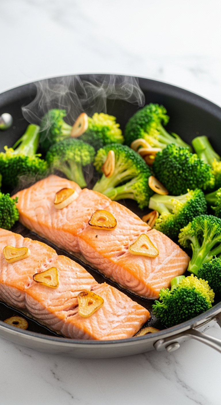 A Close-Up View Of Perfectly Cooked Garlicky Salmon Fillets And Vibrant Broccoli In A Non-Stick Skillet, With Toasted Garlic Slices And Steam Rising, Set Against A Clean Marble Countertop, Showcasing A Healthy, Quick Meal.