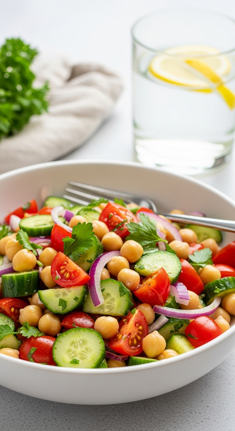 A Fresh Mediterranean Chickpea Salad In A White Ceramic Bowl With Red Tomatoes, Green Cucumber, Purple Onion, And Beige Chickpeas, With A Fork On The Side And A Glass Of Lemon Water In The Background, Perfect For A Quick, Healthy Lunch.