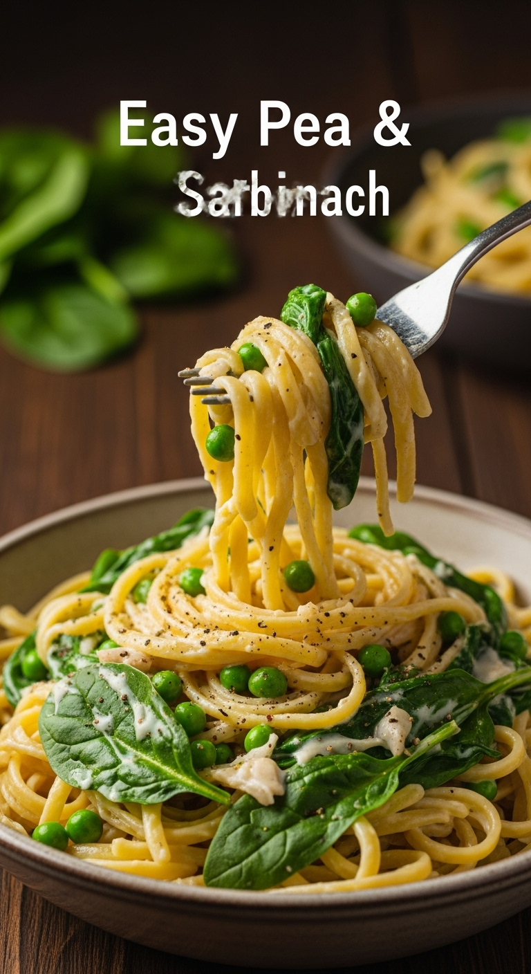 A Close-Up Shot Of A Fork Twirling Creamy Pea And Spinach Carbonara From A Rustic Bowl, With Vibrant Peas, Wilted Spinach, And A Generous Crack Of Black Pepper, Set Against A Cozy Dark Wood Table.