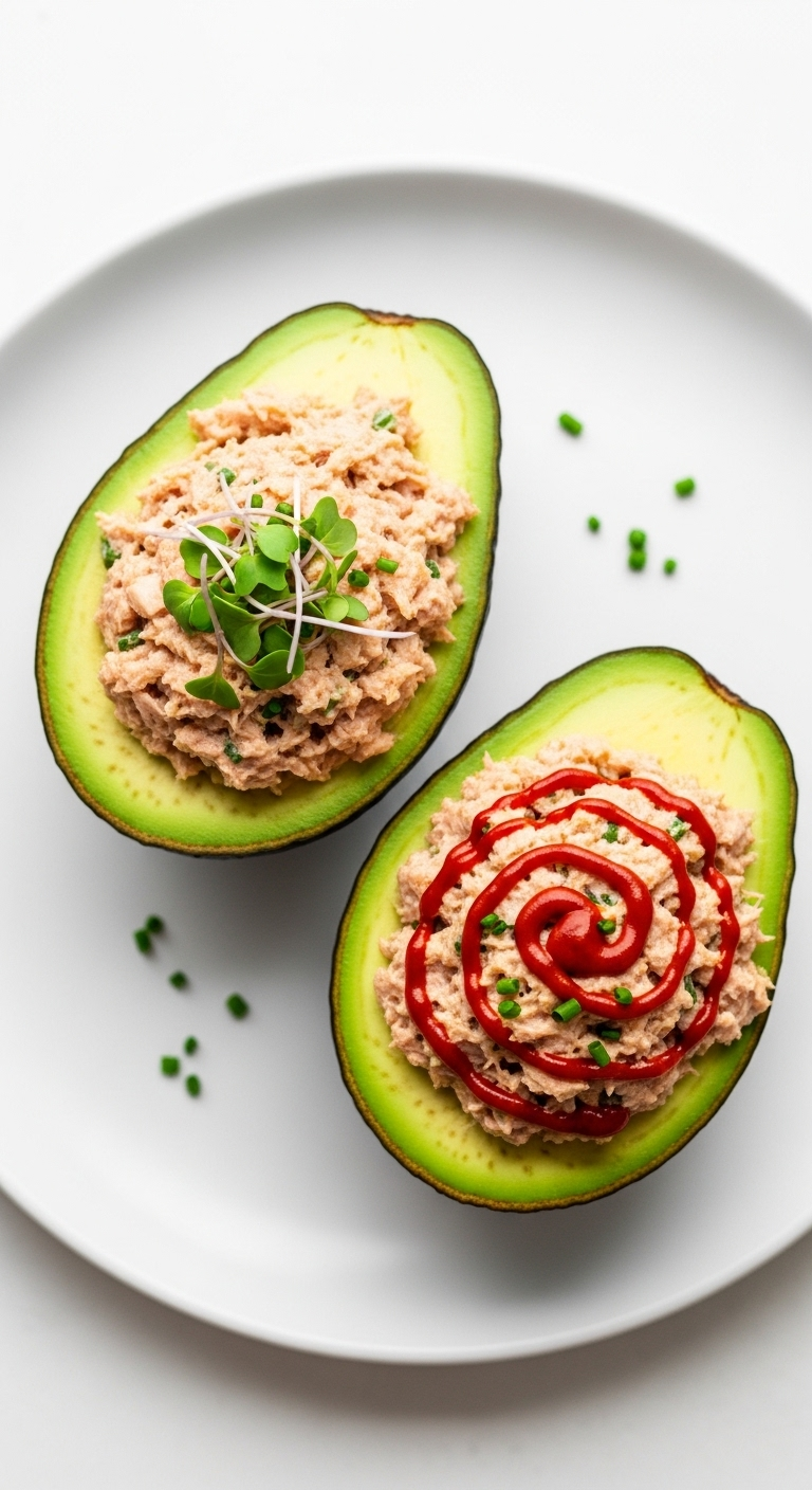 A Top-Down Shot Of Two Avocado Halves Filled With Spicy Sriracha Tuna Salad, Garnished With A Swirl Of Sriracha And Microgreens, Set On A Clean White Plate For A Fresh, Healthy Meal.