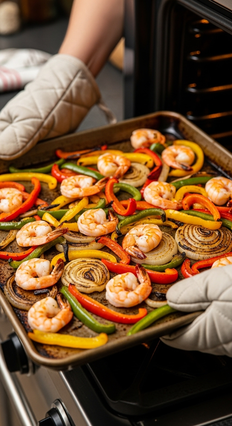 A Dynamic Shot Of A Hand Pulling A Sizzling Sheet Pan Of Roasted Shrimp And Colorful Peppers From The Oven, Highlighting The Vibrant, Perfectly Charred Veggies And Shrimp For A Quick, Festive Meal.