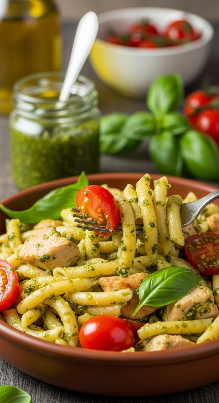 A Close-Up Shot Of Pesto Chicken Pasta In An Earthenware Bowl With A Fork Lifting A Bite Of Pasta, Chicken, And Cherry Tomato, Garnished With Fresh Basil And A Jar Of Pesto In The Background, Showcasing A Fresh, Rustic Meal.