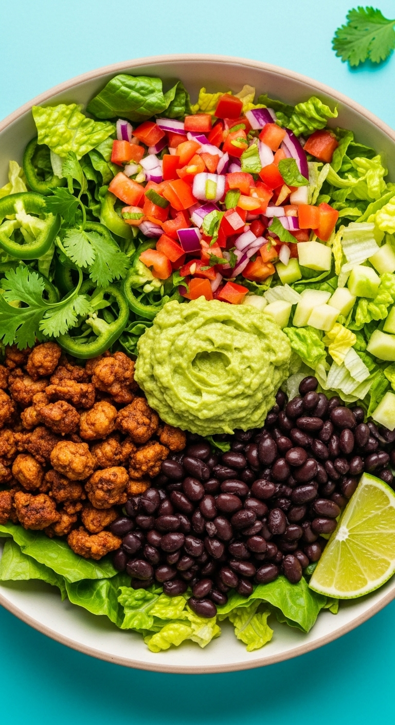 A Top-Down Shot Of A Vibrant Taco Salad In A Shallow Bowl With Sections Of Green Lettuce, Brown Meat, Red Pico De Gallo, Black Beans, And Guacamole, Garnished With A Lime Wedge, Set Against A Bright Background.