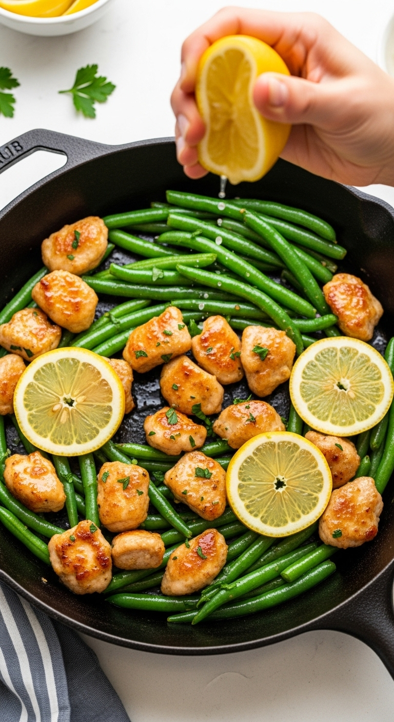 A Top-Down Shot Of A Cast-Iron Skillet With Lemon Garlic Butter Chicken And Green Beans, Garnished With Parsley And A Fresh Lemon Squeeze, Capturing A Vibrant, Healthy Meal Perfect For Quick And Easy Recipes.