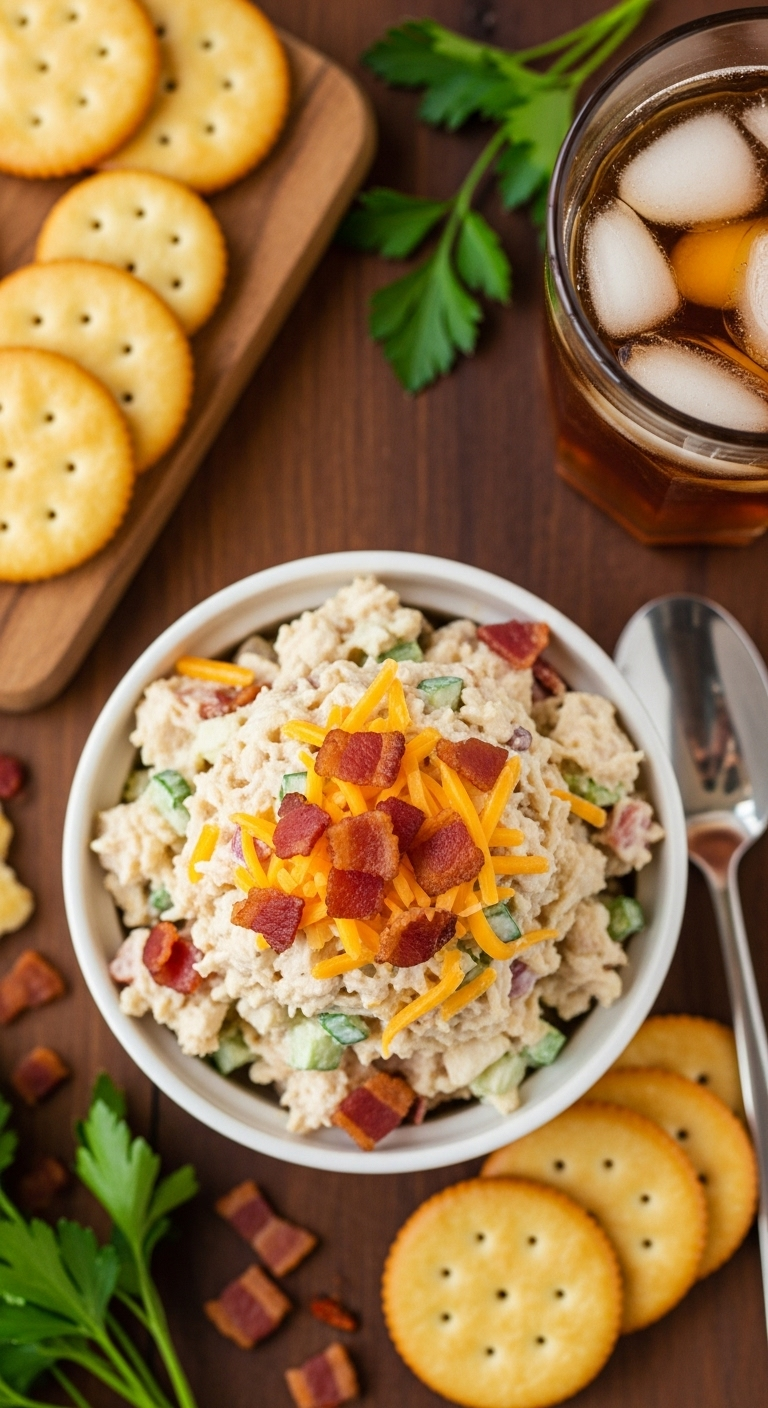 Top-Down Flat Lay Of Sassy Scotty Chicken Salad Garnished With Crumbled Bacon And Cheddar In A White Bowl, Surrounded By Buttery Crackers, Parsley, And Iced Tea On A Dark Wood Surface In Warm, Rustic Lighting.