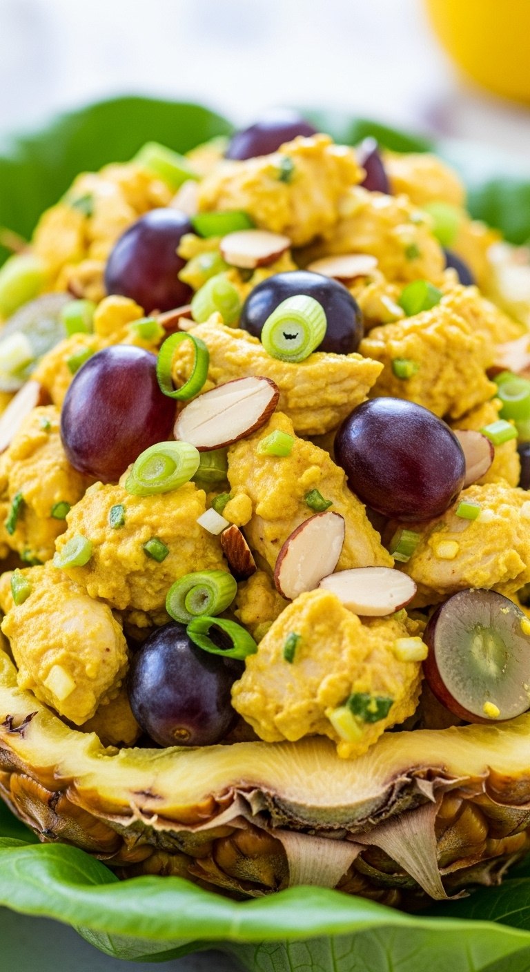 Close-Up Of Creamy Curry Chicken Salad With Juicy Grapes And Crunchy Almonds Served In A Hollowed Pineapple Or Lettuce Leaf, Featuring Rich Golden Curry, Deep Purple Grapes, And Fresh Scallions In A Bright, Tropical Setting.