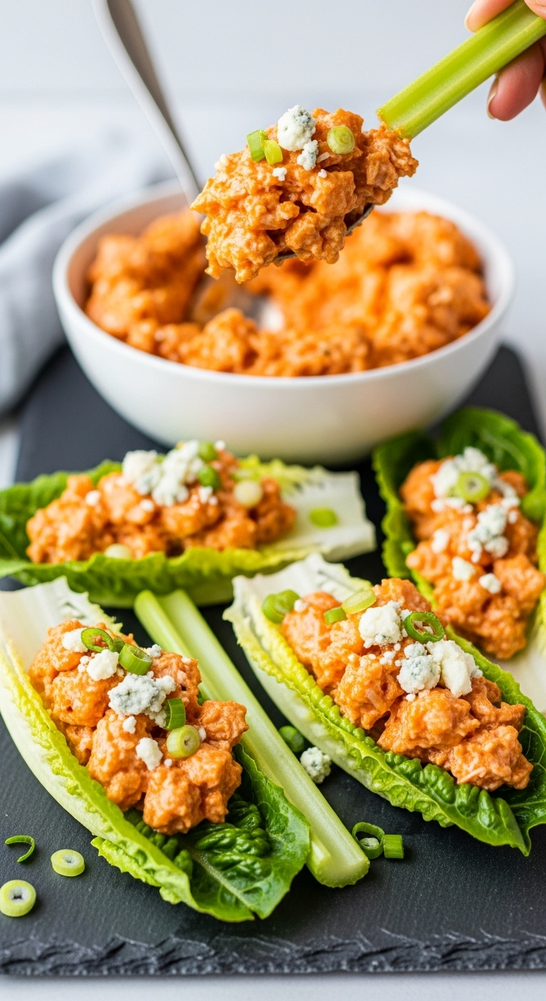 Action Shot Of Vibrant Orange Spicy Buffalo Chicken Salad Being Scooped With Celery From Lettuce Cups On A Slate Board, Garnished With Crumbled Blue Cheese And Green Onions, Showcasing Bold Colors And A Fun, Game-Day Snack Vibe.