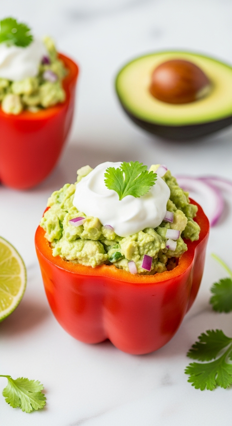 Fresh, Vibrant Healthy Avocado And Greek Yogurt Chicken Salad Stuffed Into A Halved Red Bell Pepper, Accented With Red Onion And Cilantro, Set On A White Marble Countertop With Lime Wedge And Cilantro Sprig Under Bright Natural Light.