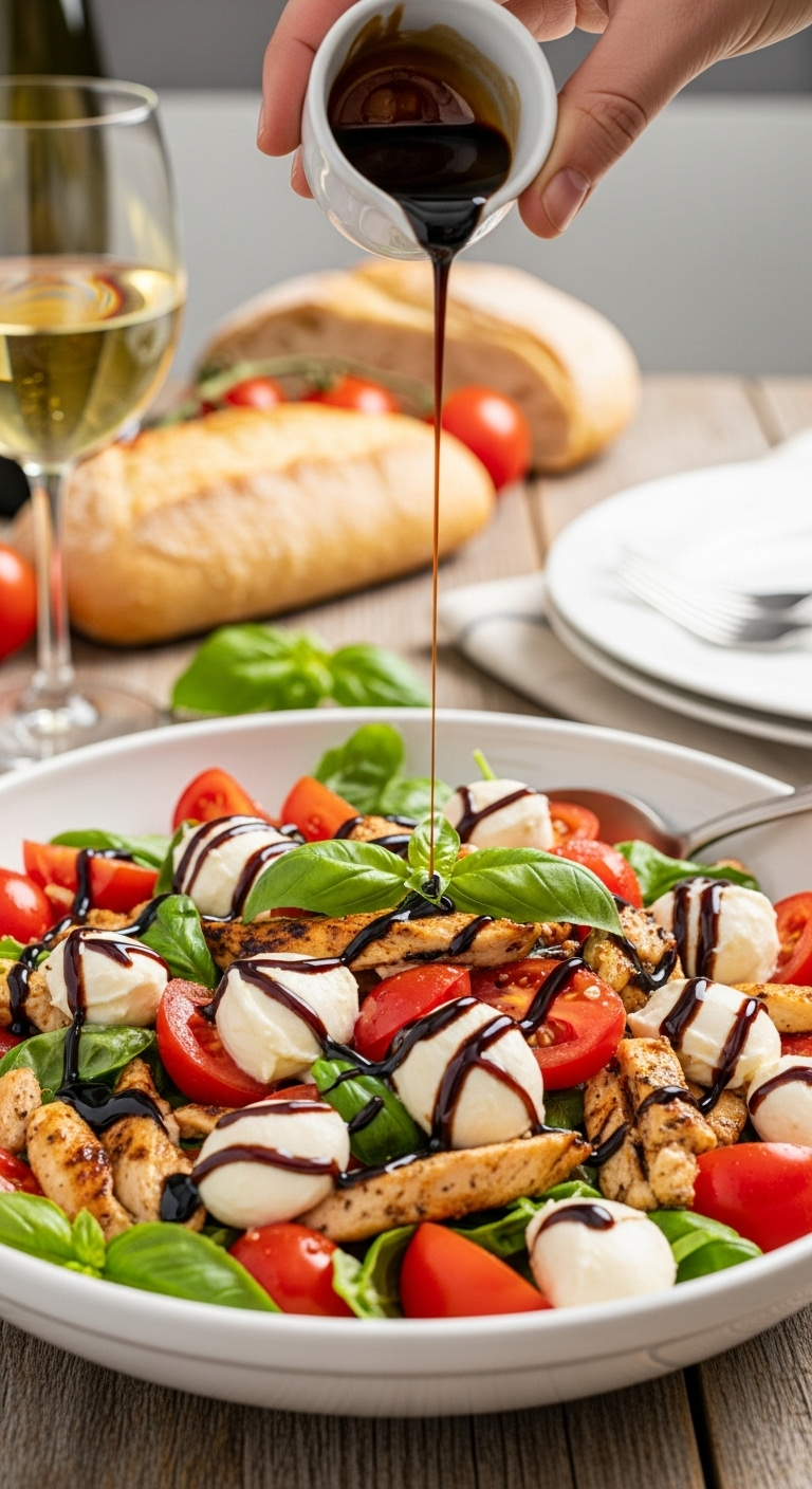 Sunny Rustic Grilled Caprese Chicken Salad With Vibrant Red Tomatoes, Creamy Mozzarella, Fresh Basil, And Balsamic Glaze Being Drizzled Over In A White Ceramic Bowl On A Wooden Table, With White Wine And Crusty Bread In The Background.