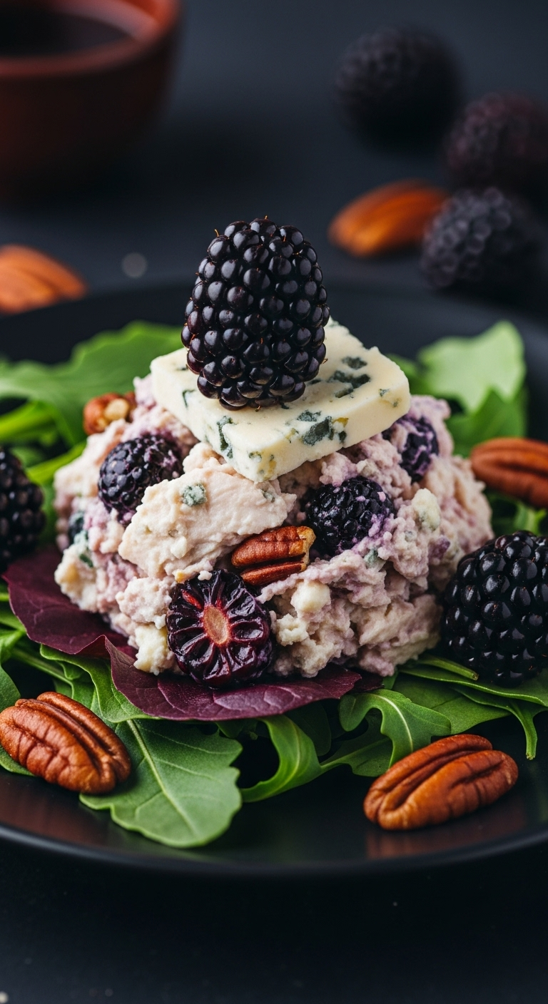 Elegant Blackberry, Pecan, And Blue Cheese Chicken Salad Served On Dark Leafy Greens With Juicy Blackberries, Creamy Blue Cheese, And Toasted Pecans Artfully Arranged On A Dramatic Dark Plate With Soft, Moody Lighting.