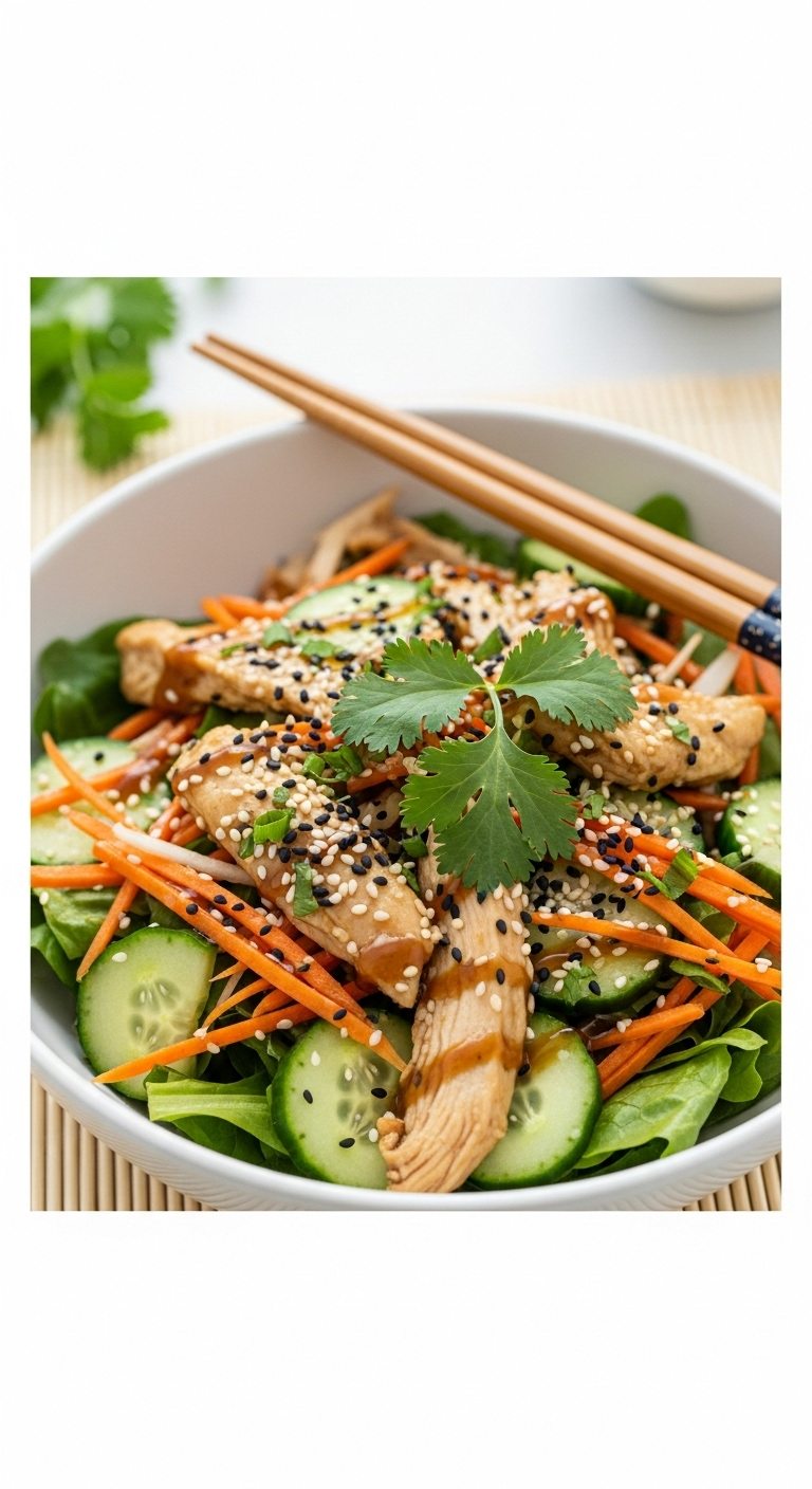 Asian-Inspired Sesame Ginger Chicken Salad In A Minimalist Ceramic Bowl With Fresh Carrots, Cucumber, Cilantro, Black And White Sesame Seeds, And Chopsticks Resting On The Side, Illuminated By Bright, Crisp Lighting On A Simple Bamboo Placemat Background.