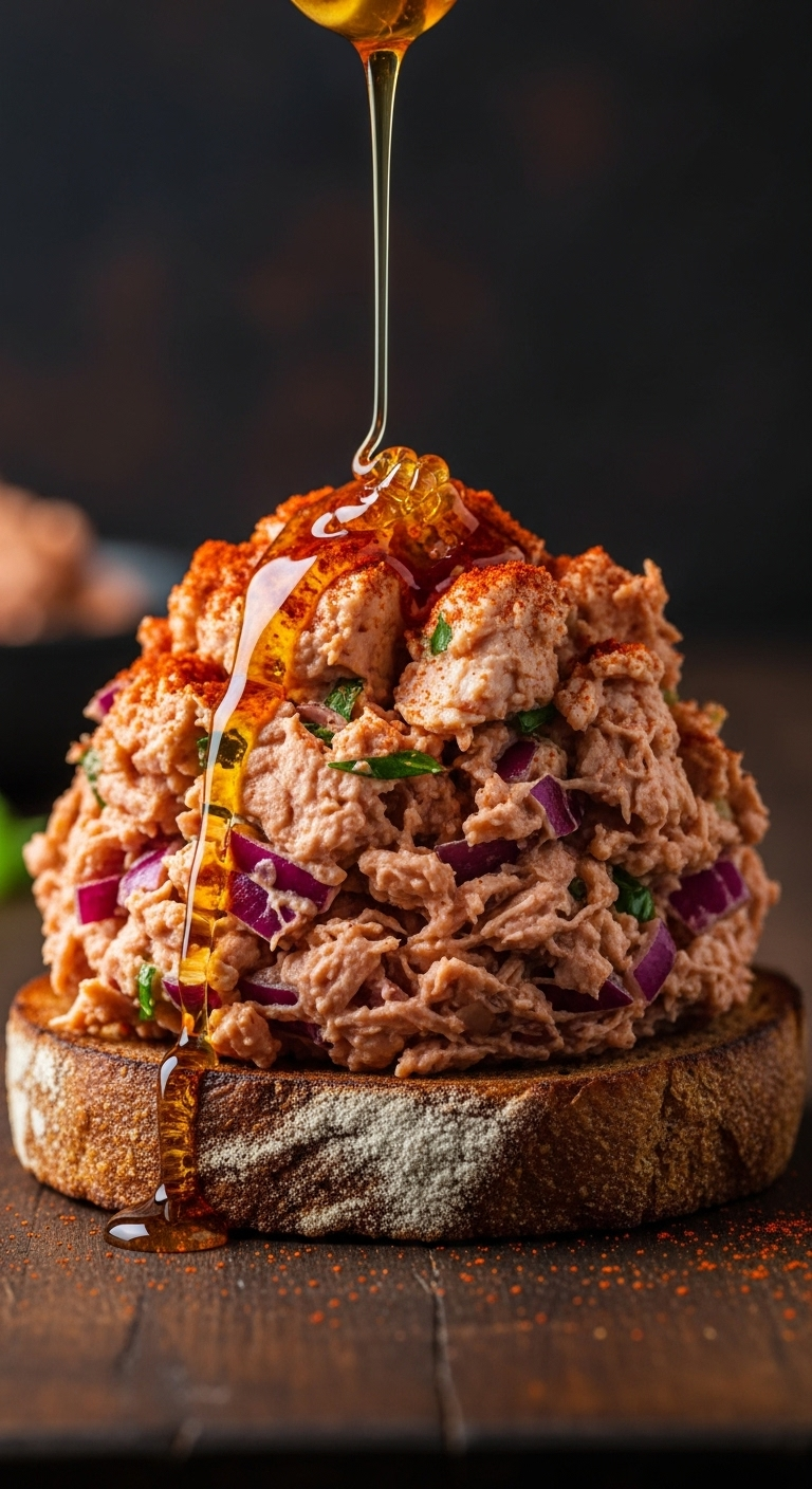 Smoky Paprika And Hot Honey Chicken Salad Piled On Toasted Rye Bread With Golden Honey Drizzle Captured Mid-Pour, Set Against A Dark Rustic Wooden Background With Warm, Soft Lighting Highlighting Rich Reds And Oranges.