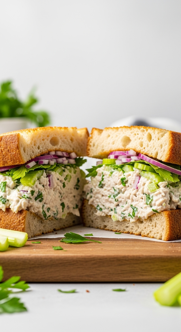 Bright, Airy Close-Up Of A Classic Chicken Salad Sandwich On Toasted Sourdough, Cut In Half To Reveal Creamy Filling With Celery, Parsley, And Red Onion, Resting On A Rustic Wooden Board With Fresh Parsley And Celery Sticks Nearby.