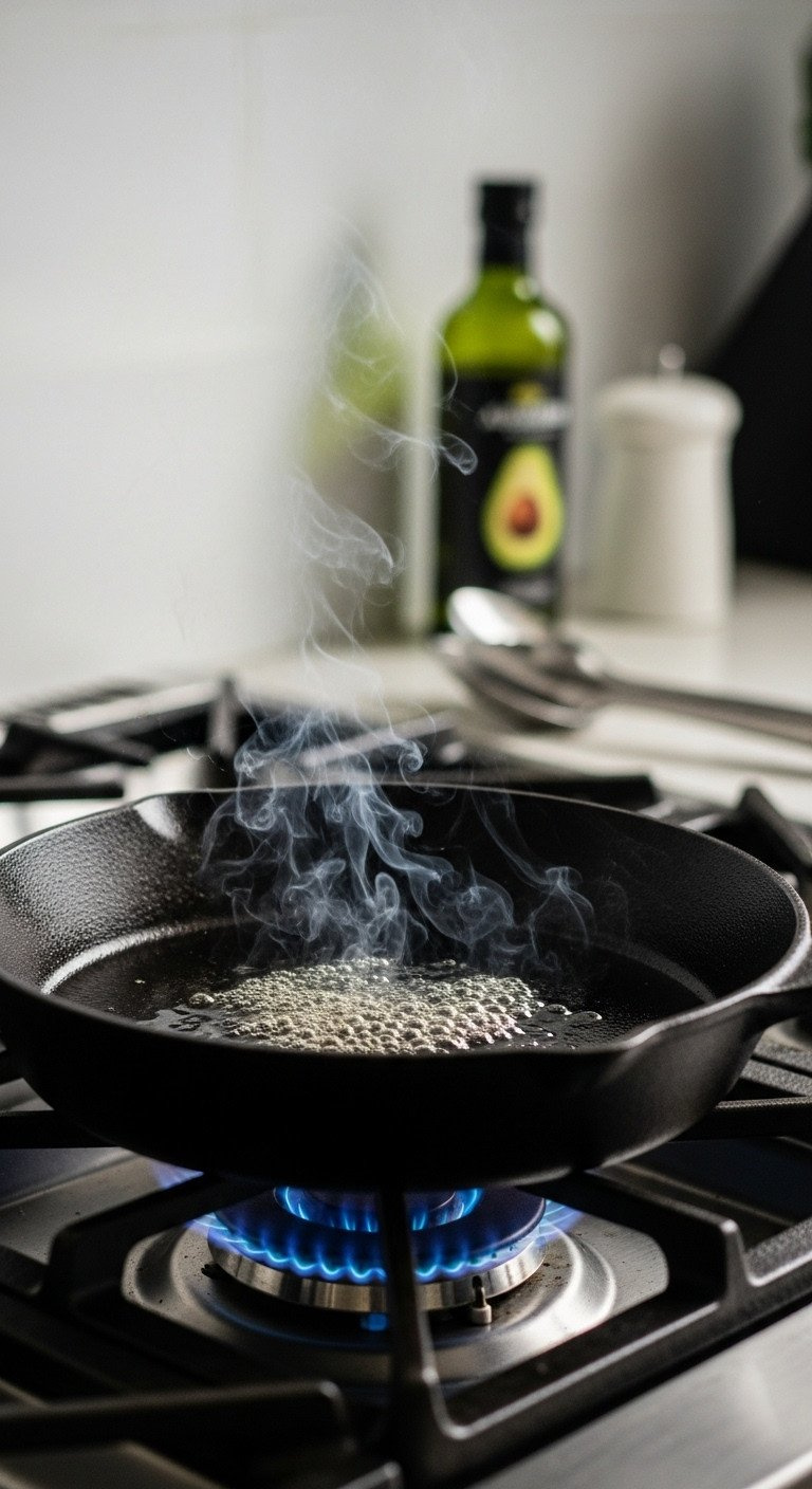 A 12-Inch Cast Iron Skillet With Shimmering Hot Oil Preheats Over A Blue Gas Flame, Ready For Searing The Perfect Pork Chop.