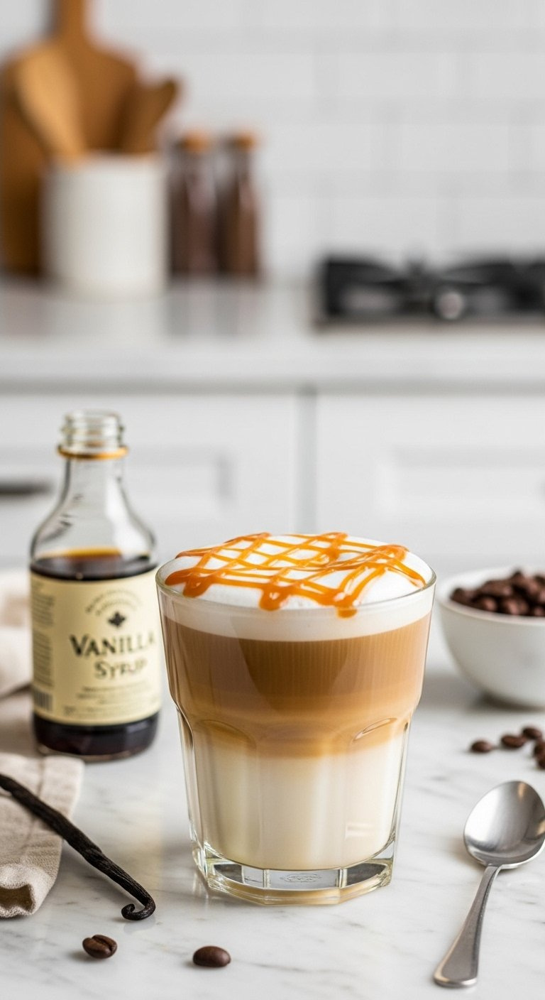 A Classic Caramel Macchiato With Distinct Layers And Caramel Drizzle In A Clear Glass.